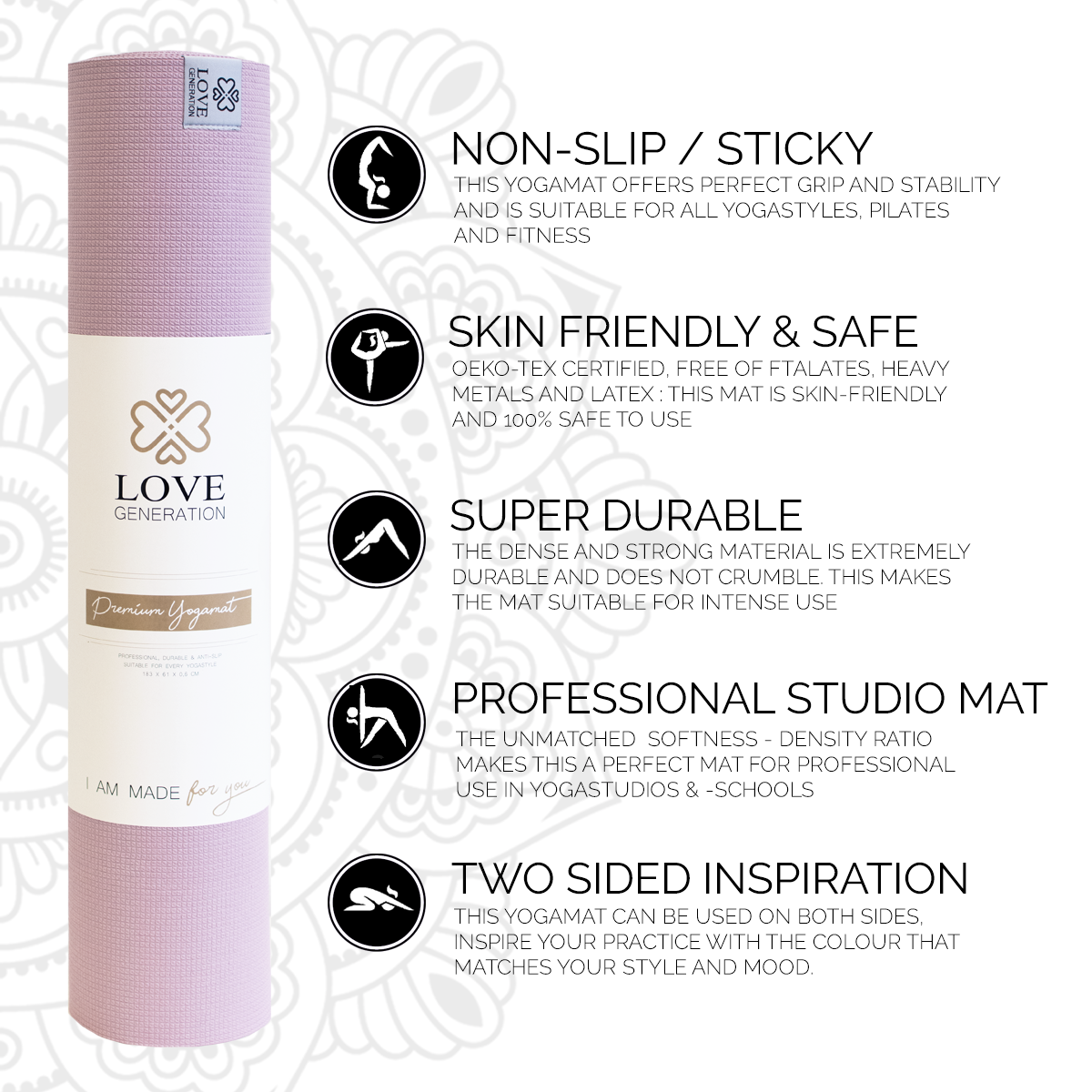 premium-yogamat-6mm-enchanting-pink Stevige roze yogamat van Love Generation voor yoga en Pilates
